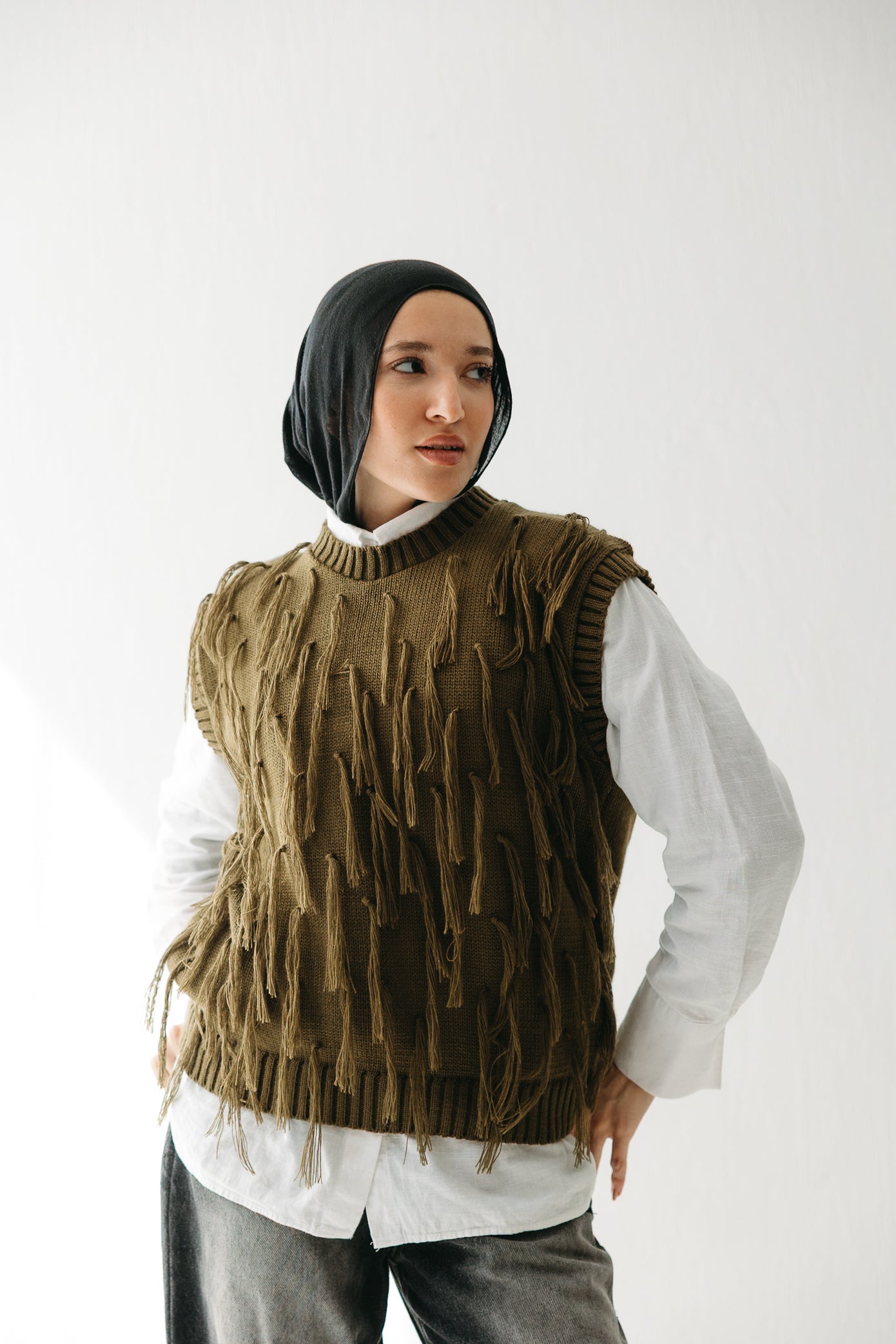 Fringed up Vest in Olive