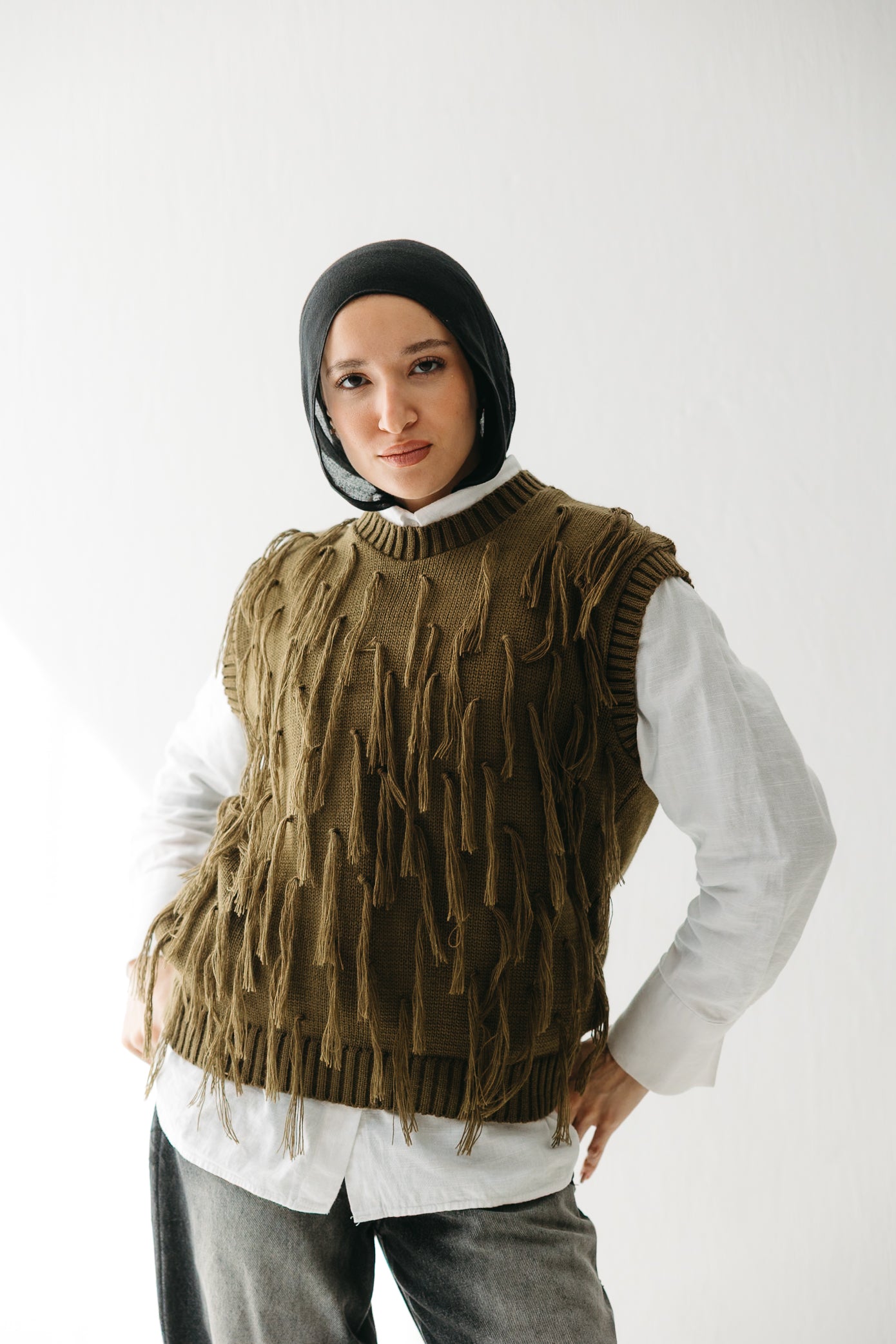 Fringed up Vest in Olive