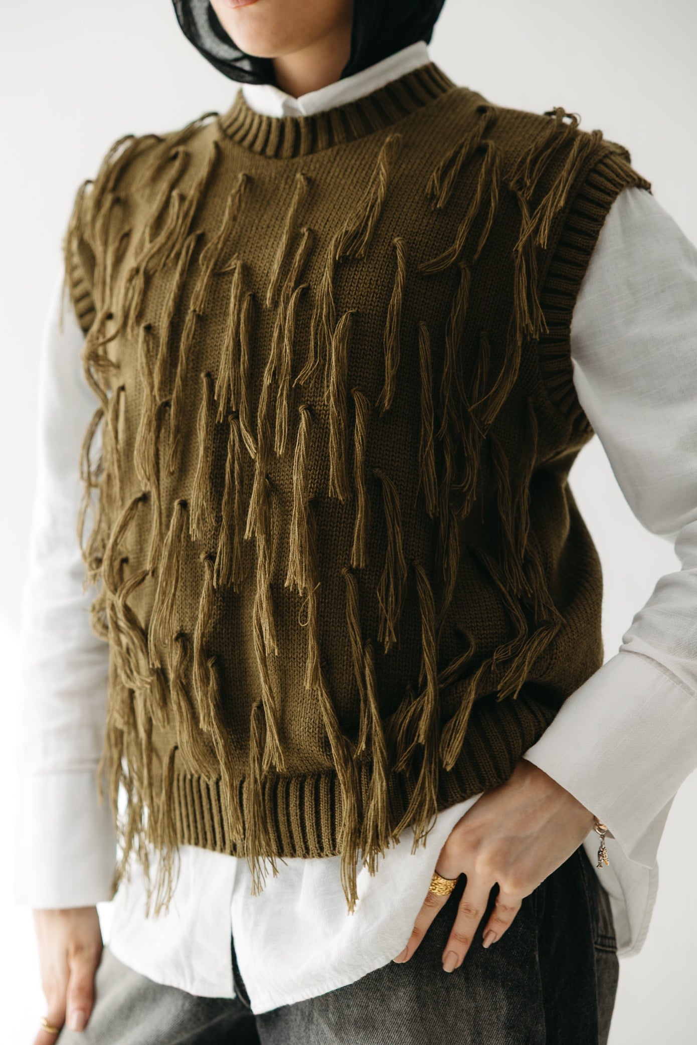 Fringed up Vest in Olive