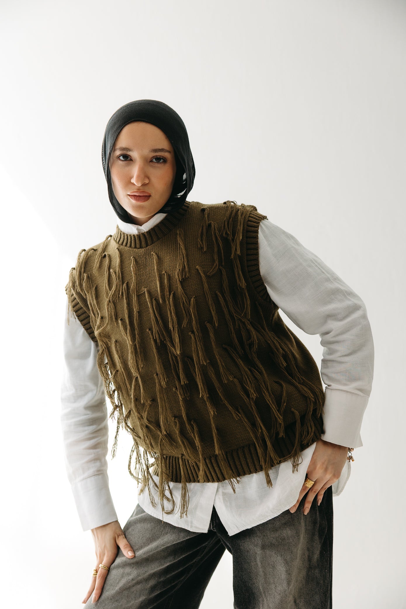 Fringed up Vest in Olive