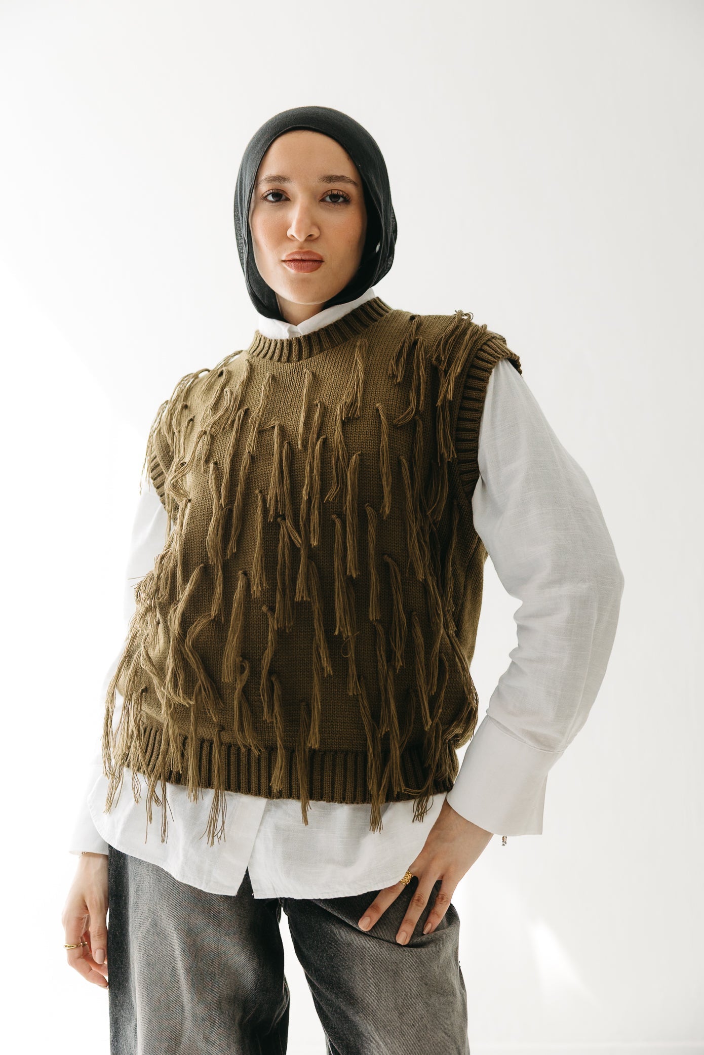 Fringed up Vest in Olive