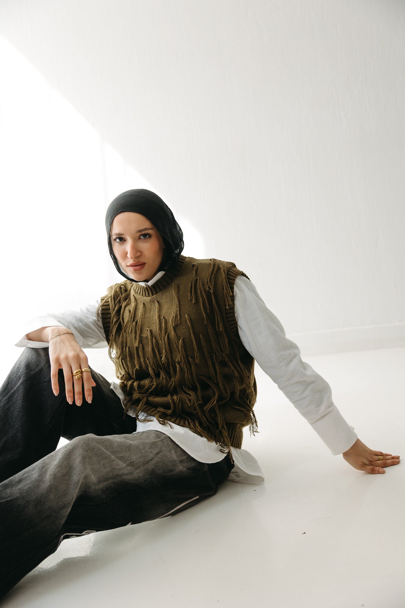 Fringed up Vest in Olive