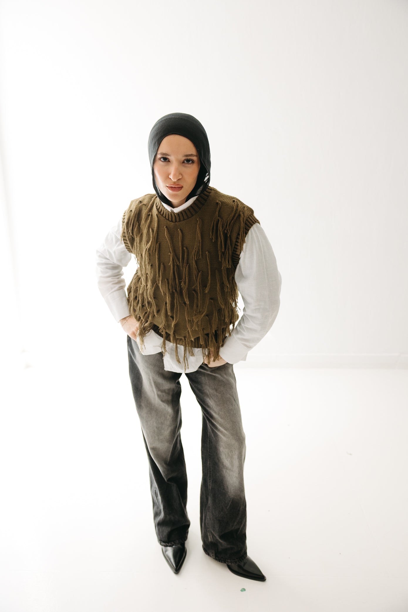 Fringed up Vest in Olive