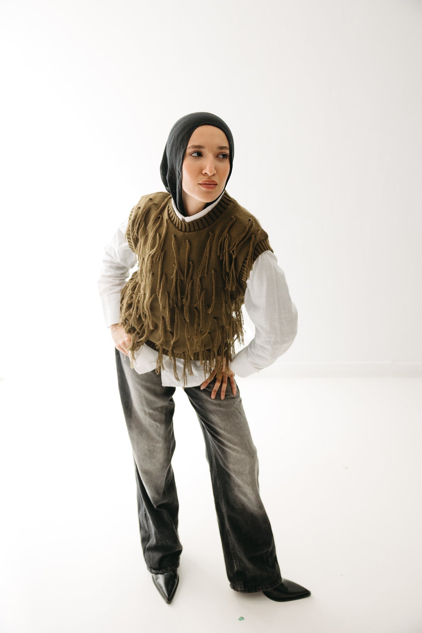 Fringed up Vest in Olive