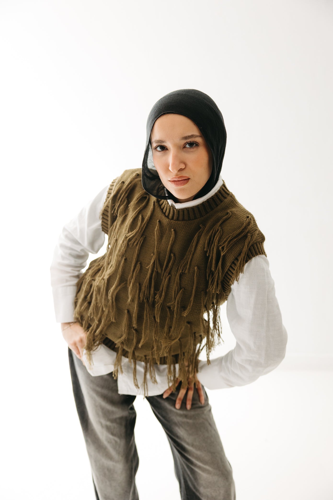 Fringed up Vest in Olive