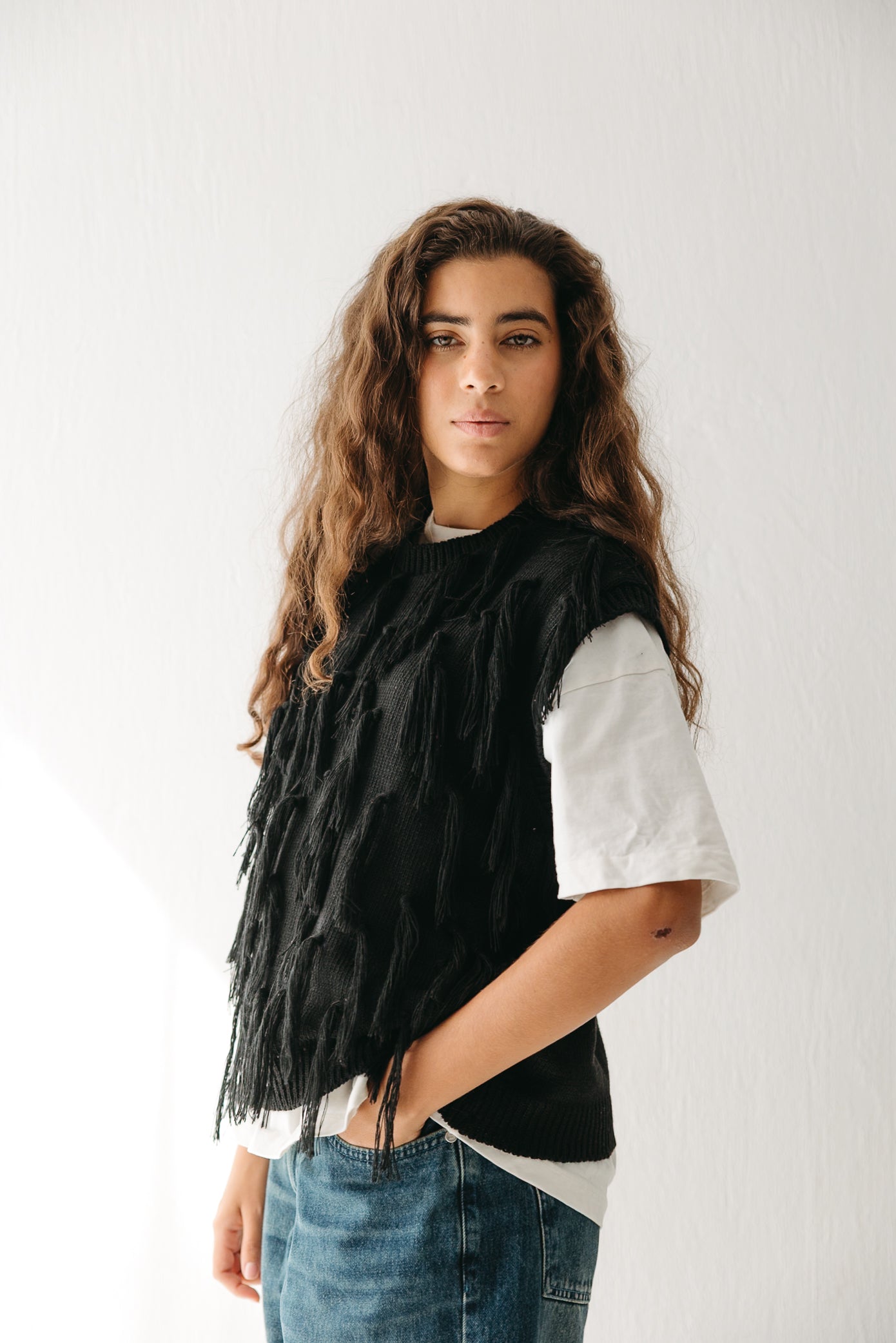 Fringed up Vest in Black
