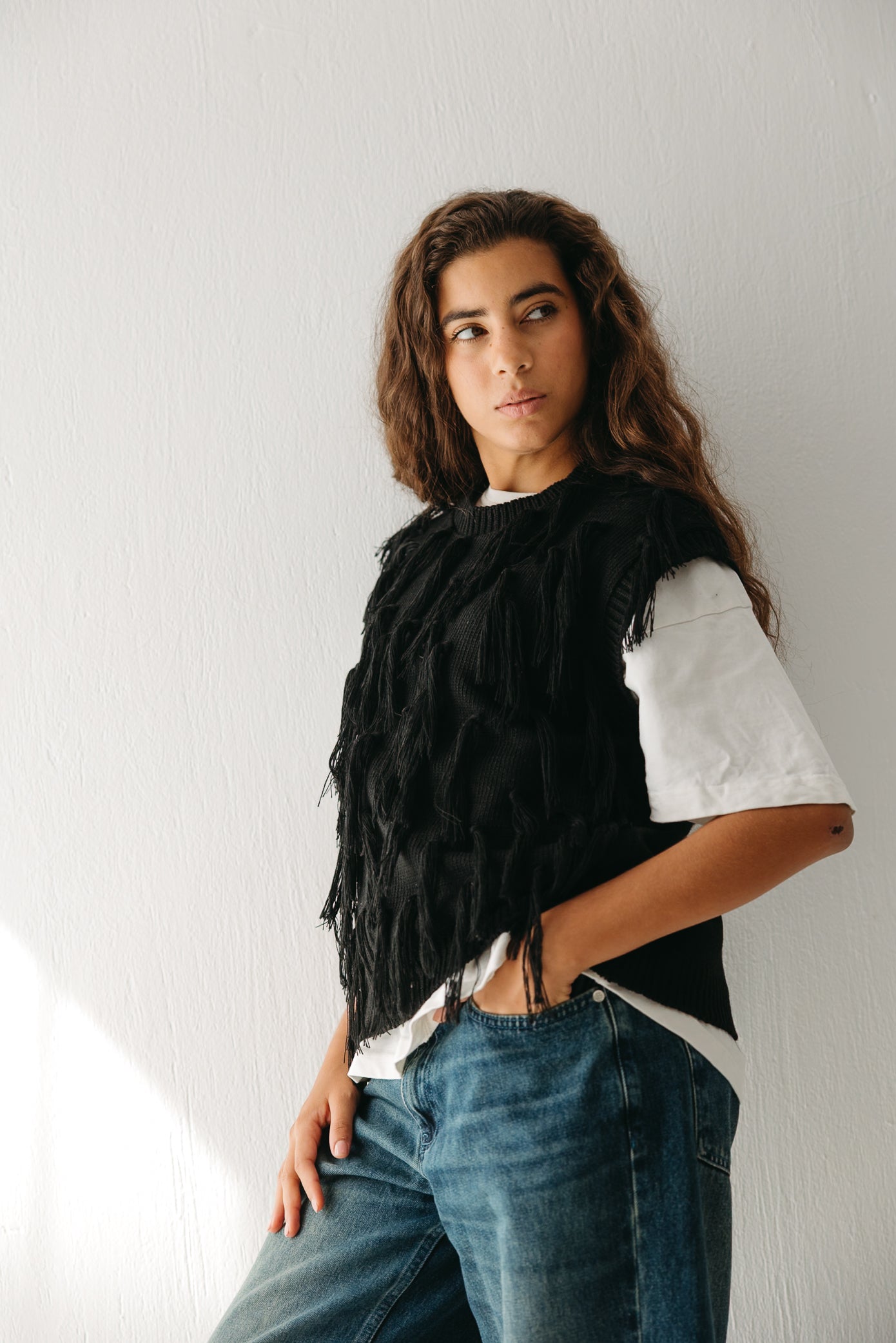 Fringed up Vest in Black