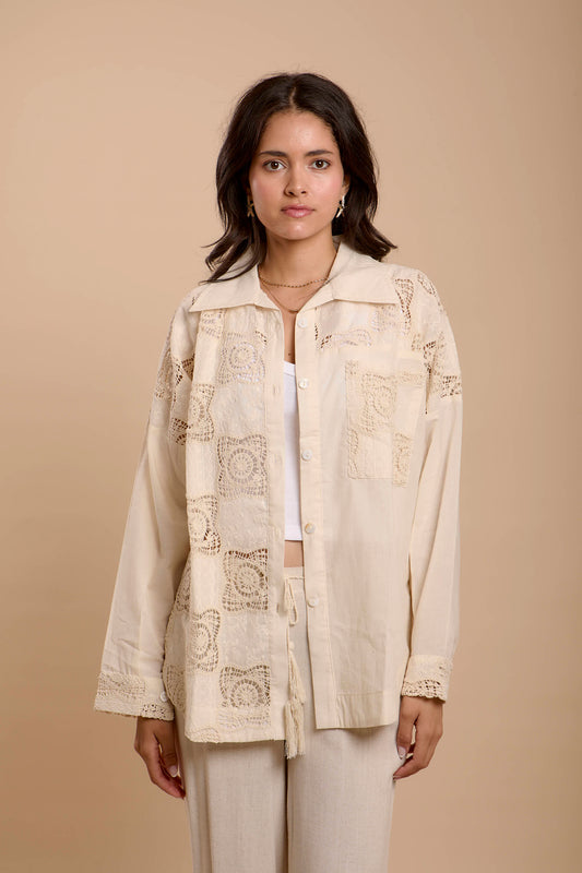 Asymmetrical Checkers Embro beige Shirt