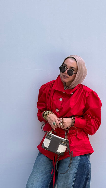 Crimson statment funnel neck gabardine shirt( preorder now) delivery within a week.