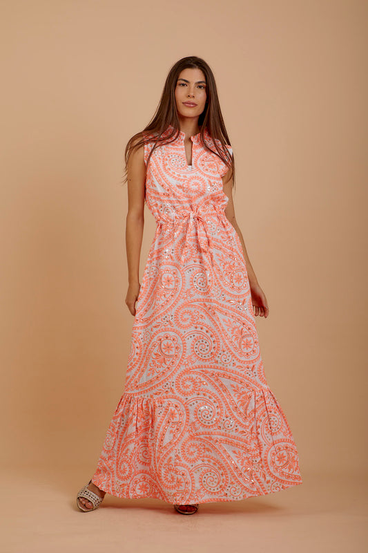 Orange Embroidered Sleeveless Dress