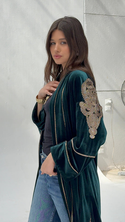 Dark Green Indian Stitches Kaftan
