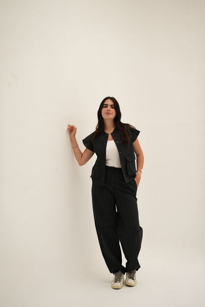 Dropped Striped Set in Black