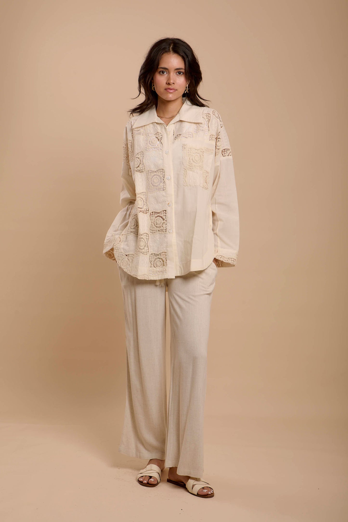 Asymmetrical Checkers Embro beige Shirt