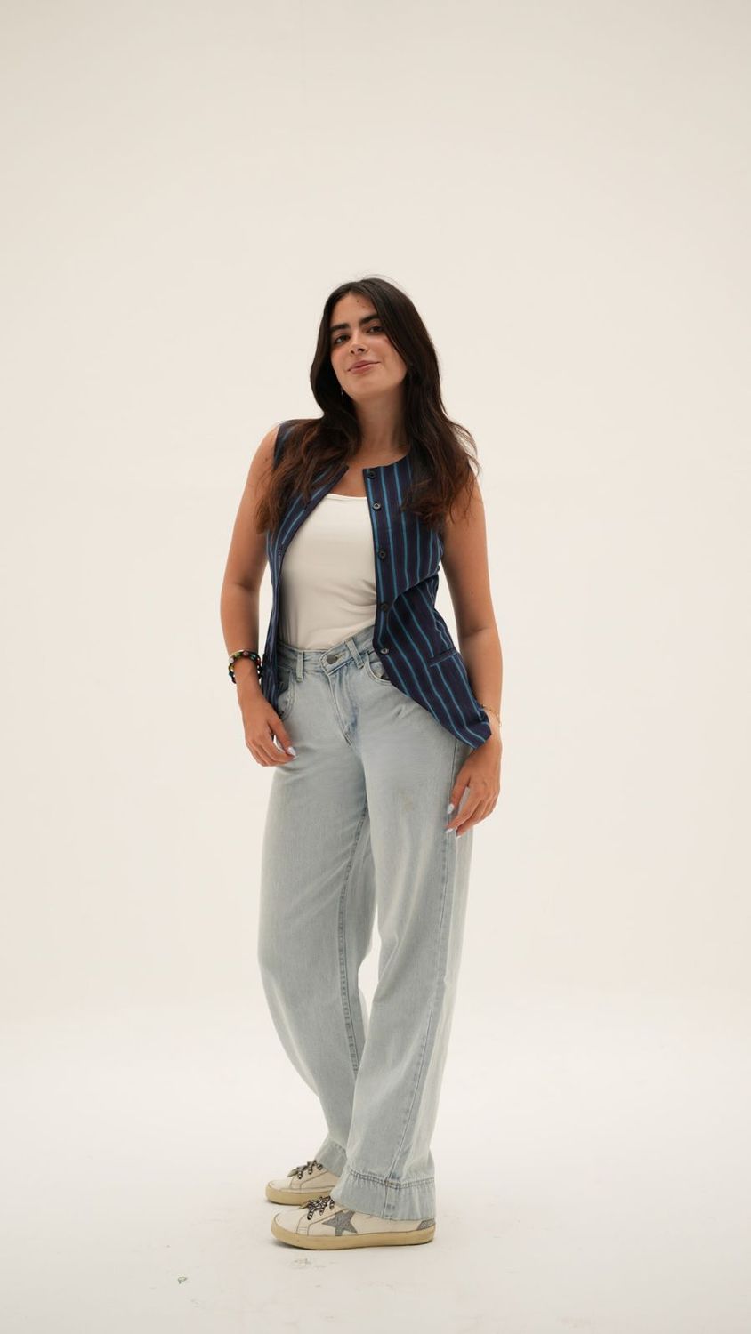Linen Waistcoat in Striped Blue