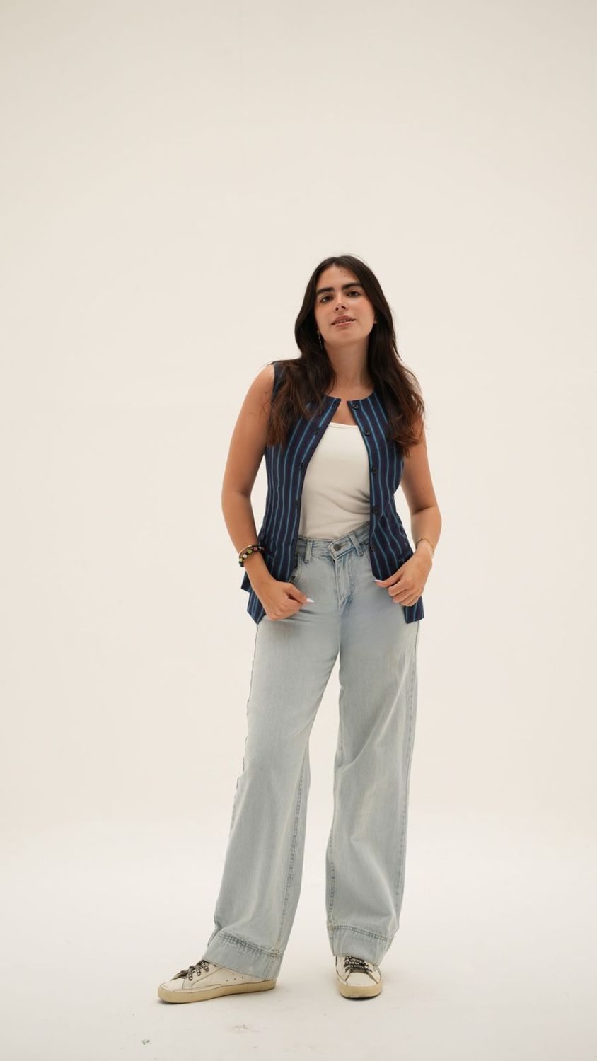 Linen Waistcoat in Striped Blue