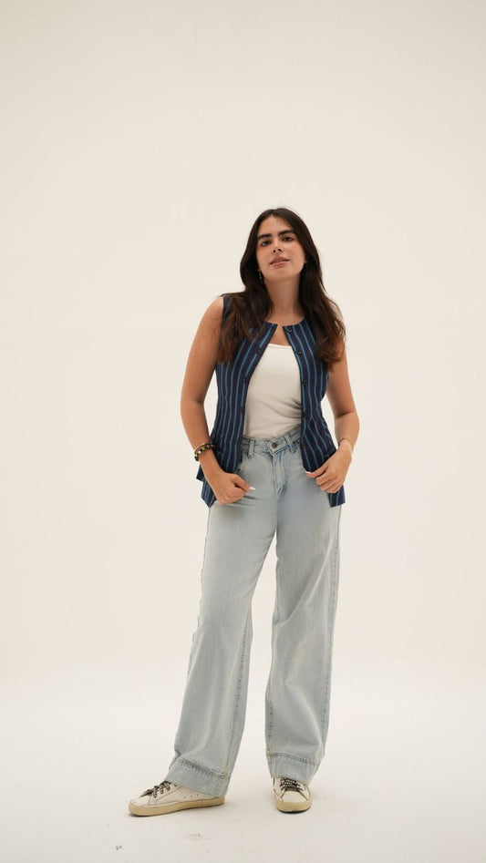 Linen Waistcoat in Striped Blue