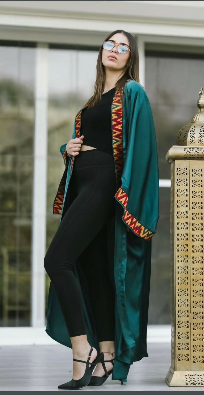 Green Satin kaftan with Colorful Details