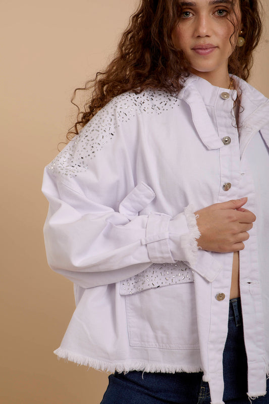 White Rhinestones Denim Jacket