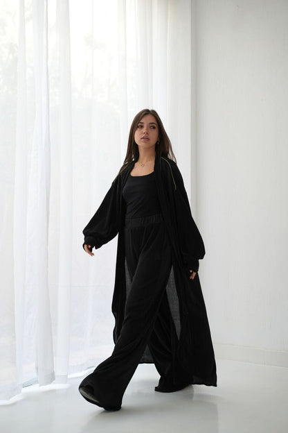 Pleated Satin Set In Black