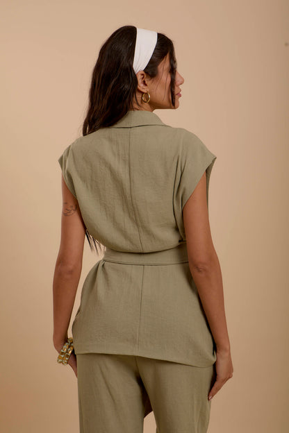 Olive Linen Long Vest
