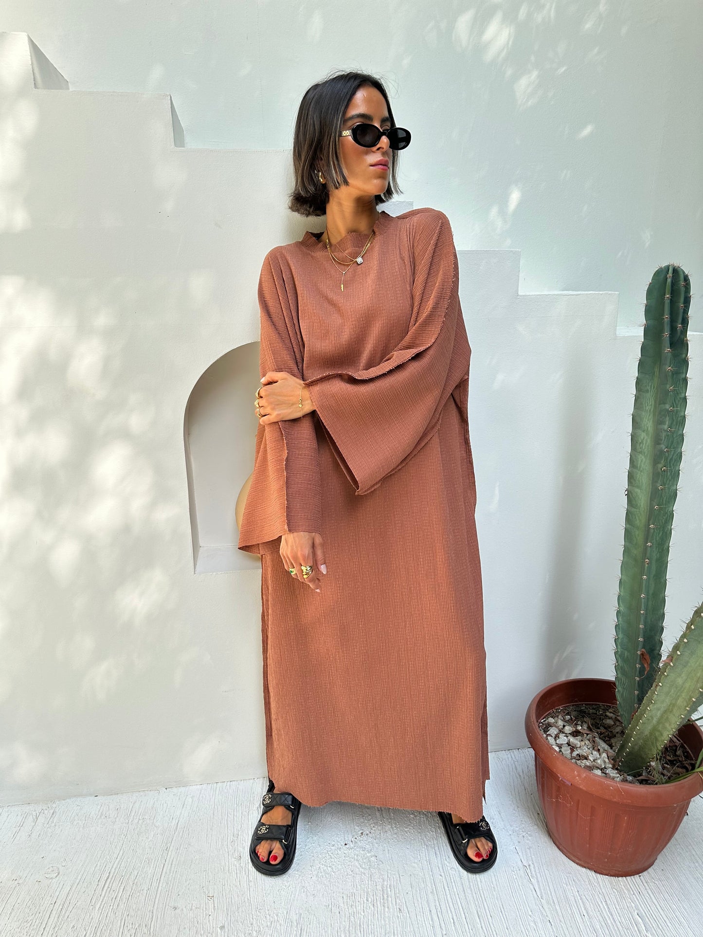 Crinkled Sundress - Camel Brown