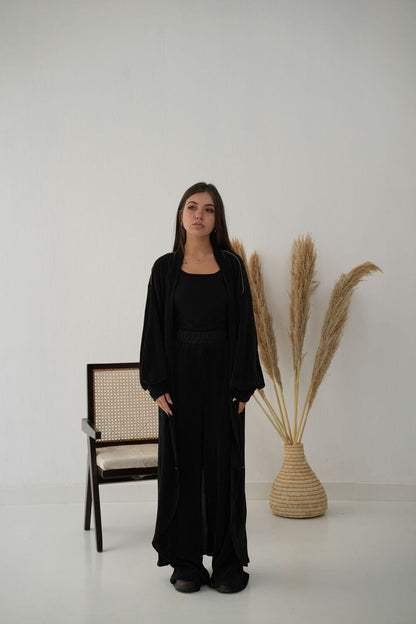 Pleated Satin Set In Black