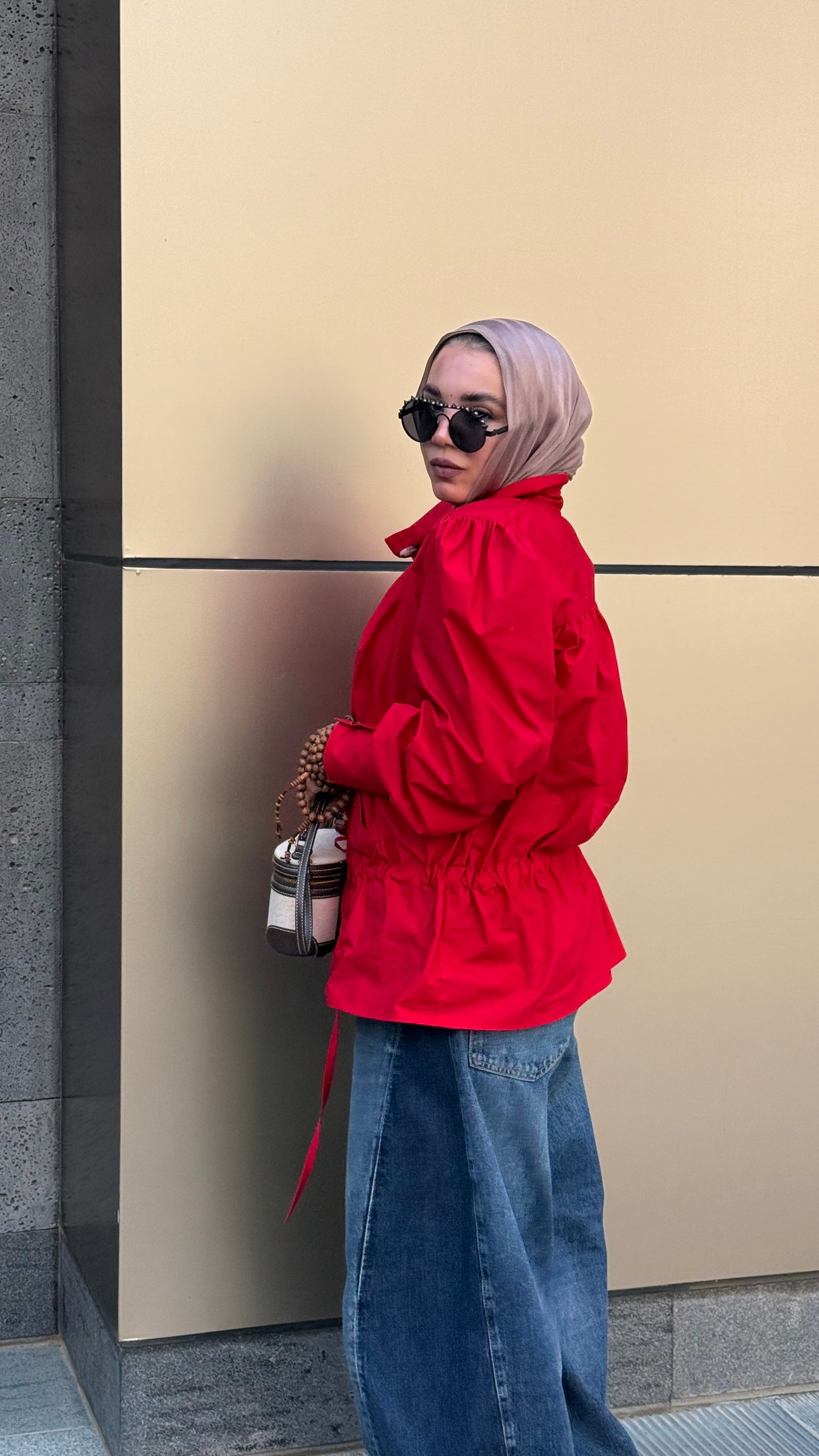 Crimson statment funnel neck gabardine shirt( preorder now) delivery within a week.