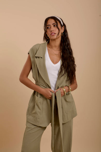 Olive Linen Long Vest