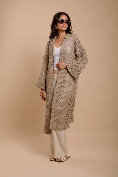 Metallic threads Crochet Jacket Beige