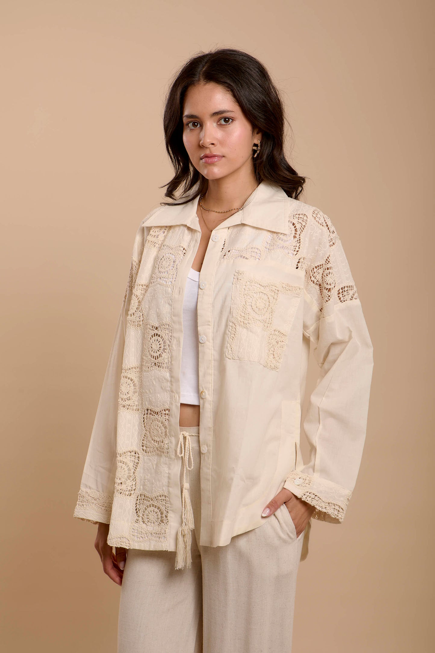 Asymmetrical Checkers Embro beige Shirt