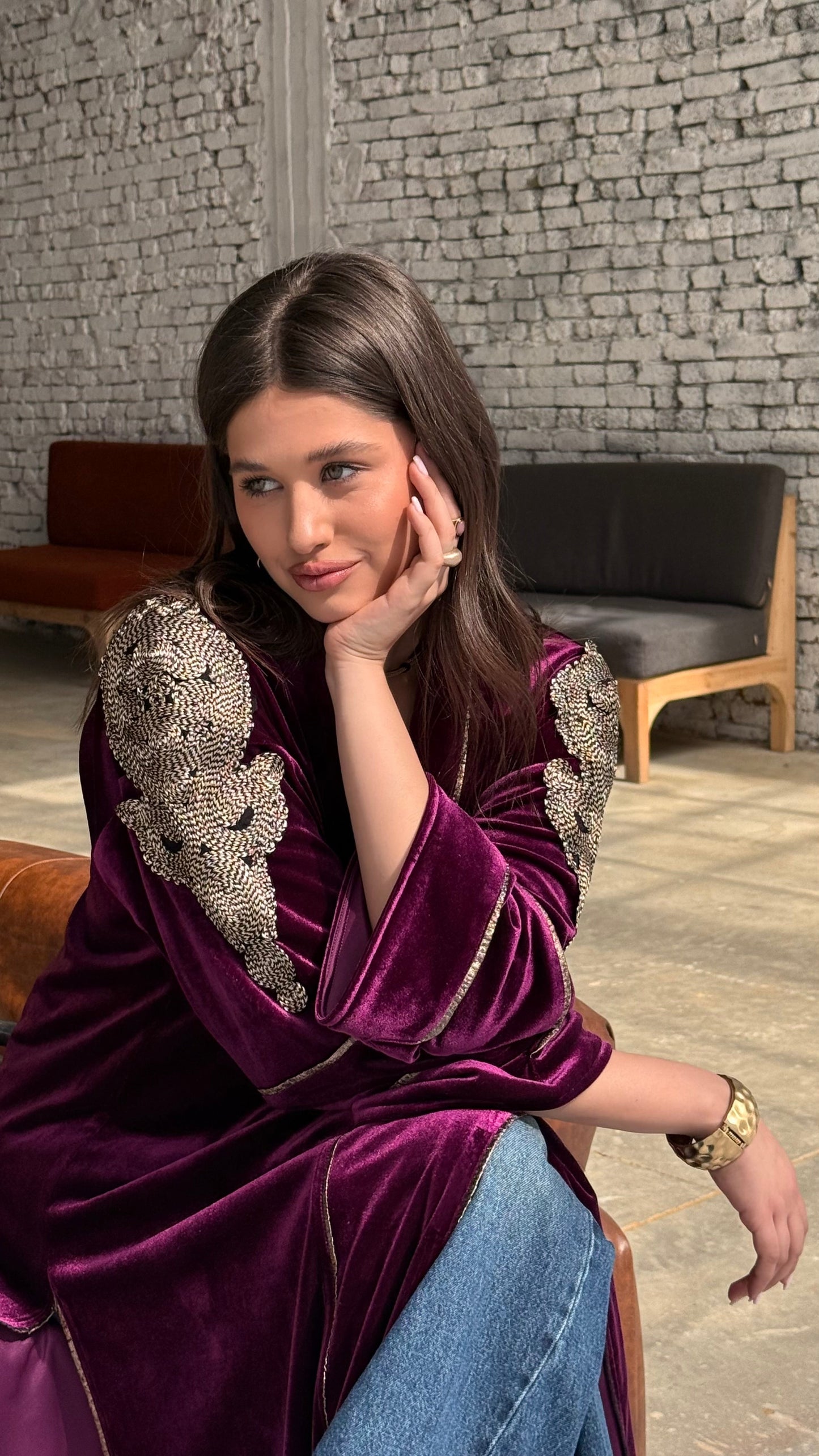 Magenta kaftan with indian stitches