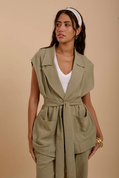 Olive Linen Long Vest