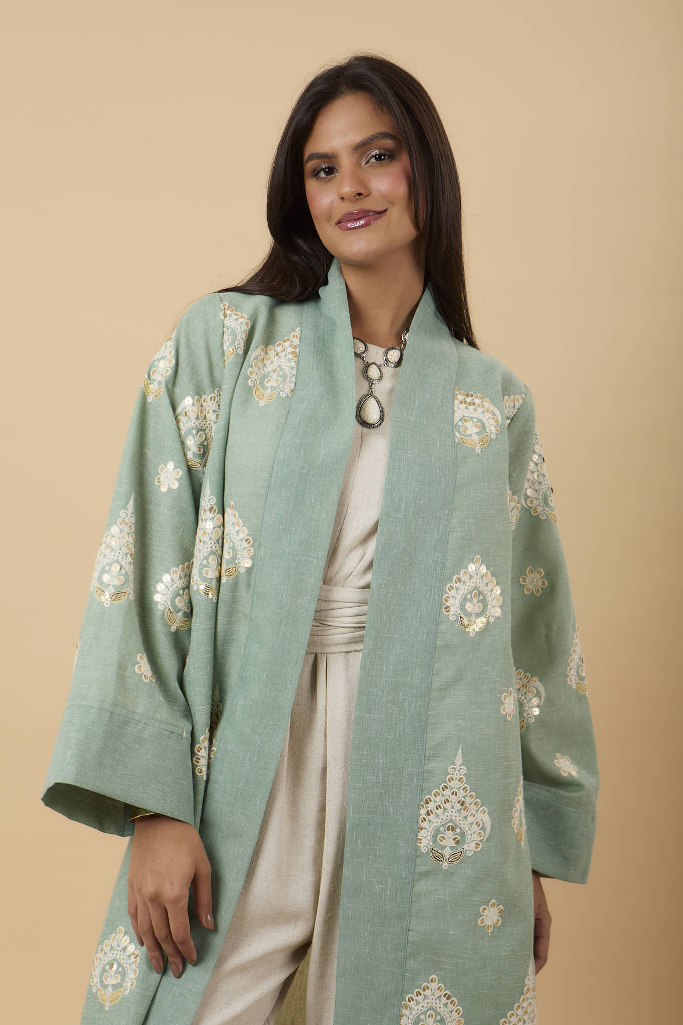 Mint Embro Applique Kaftan