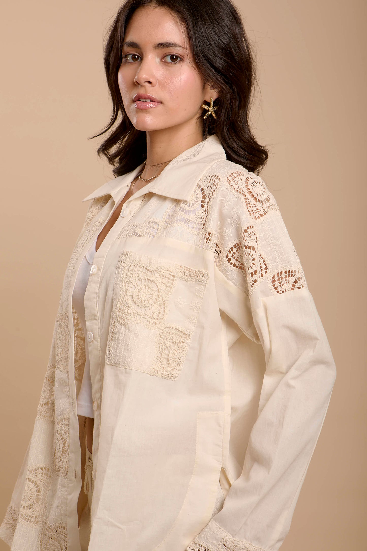 Asymmetrical Checkers Embro beige Shirt