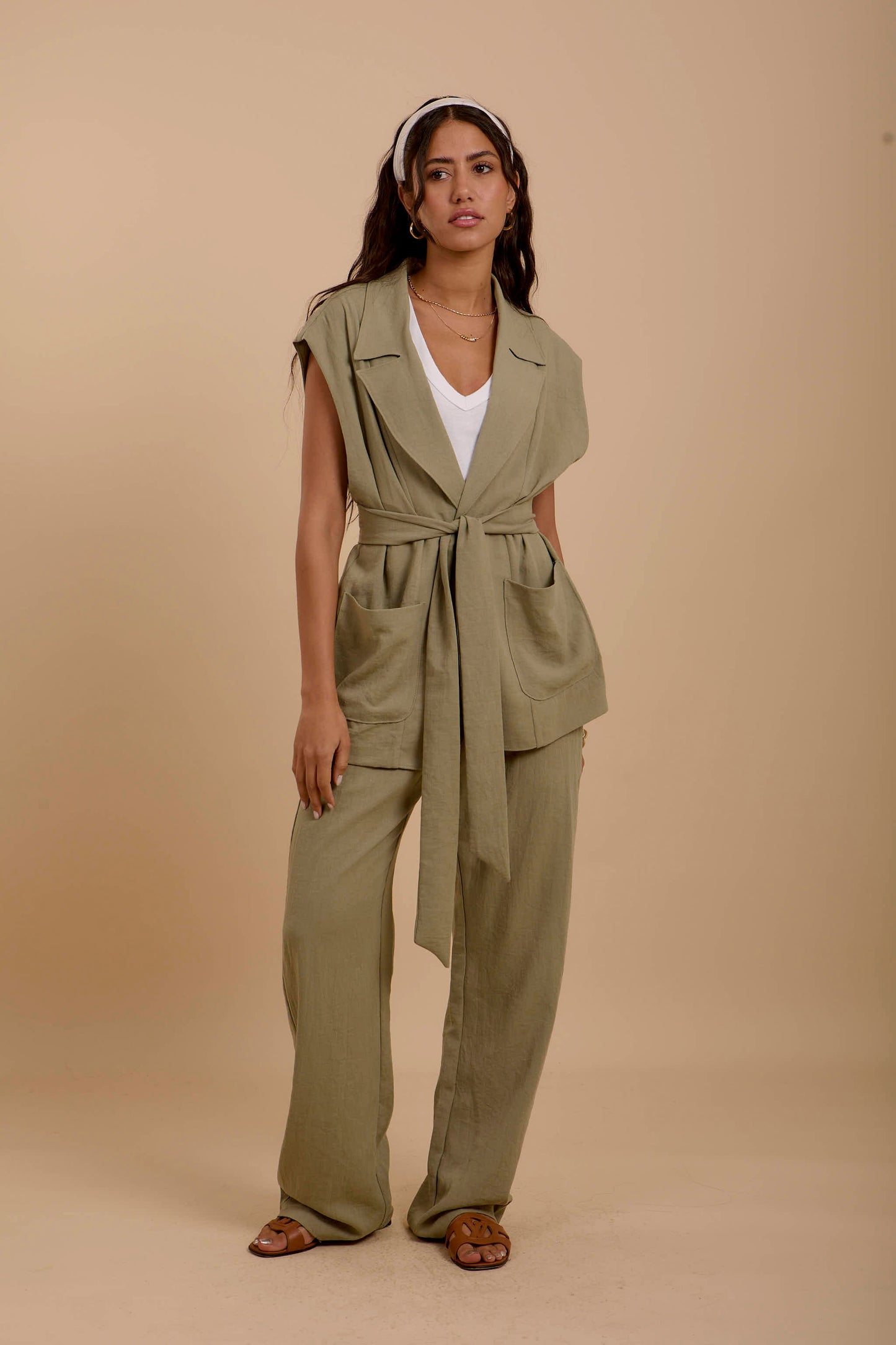 Olive Linen Long Vest