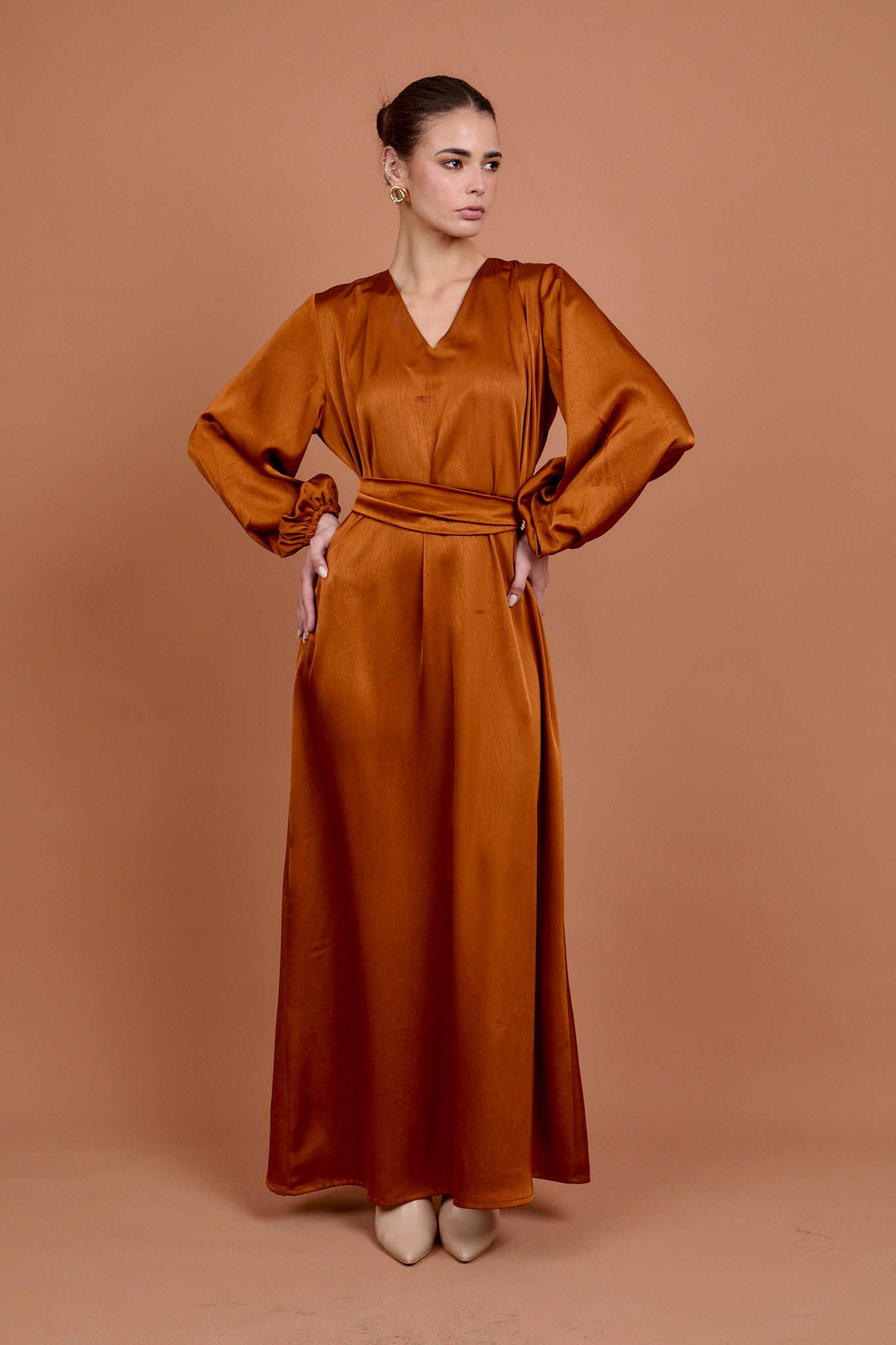 Copper V-neck satin Dress