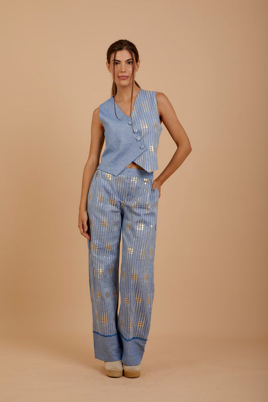 Blue Front Embroidered Pants