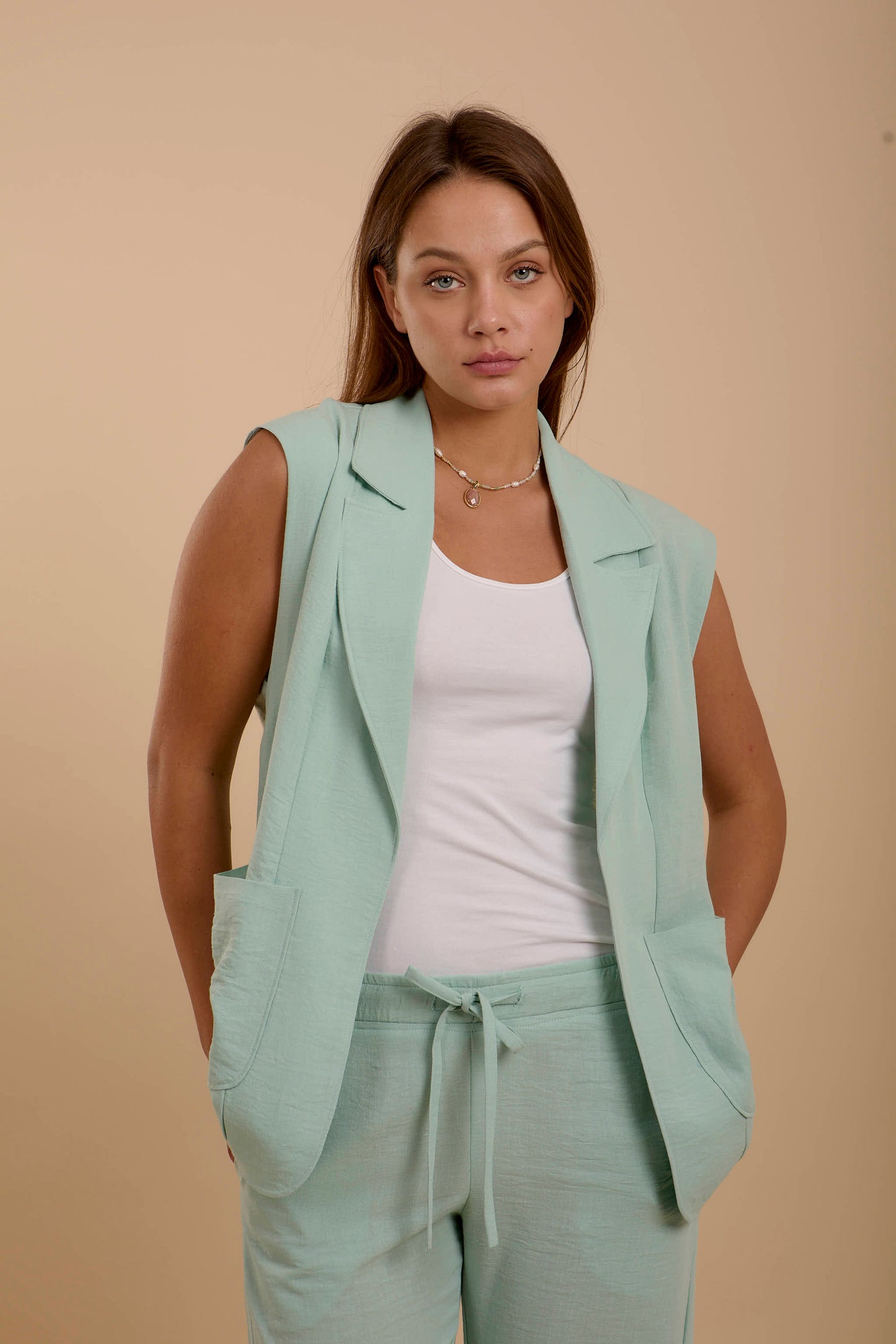 Mint Linen Long Vest