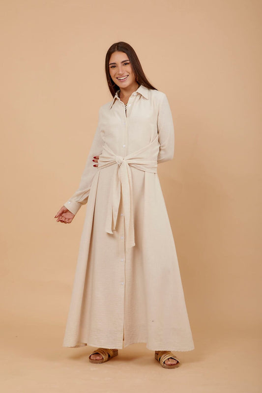 Beige Linen Tye Around Shirt Dress