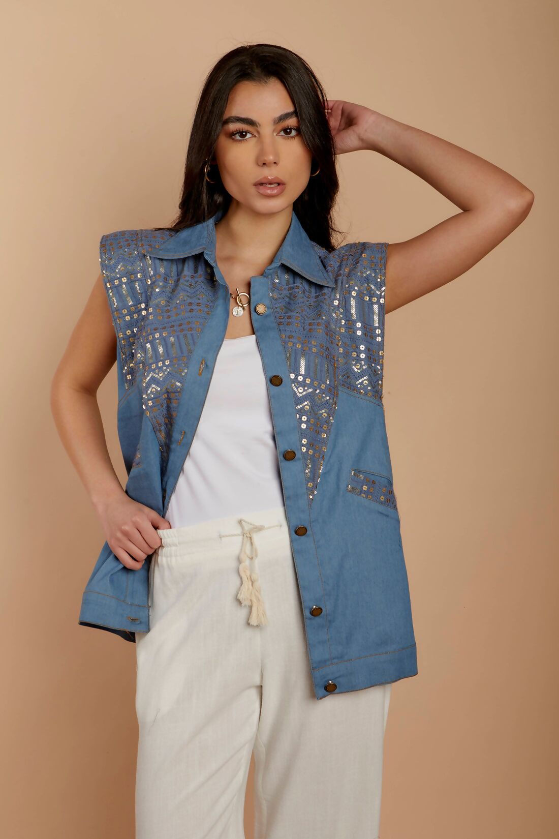 Blue Denim Embroidered Vest