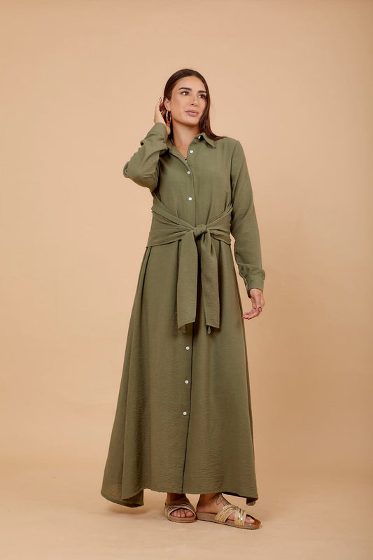 Olive Linen Tye Around Shirt Dress