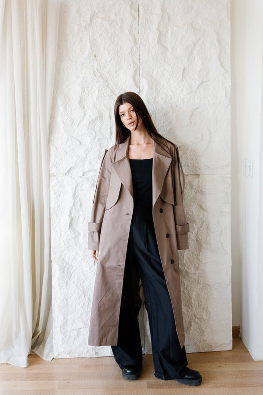 Longline Trench Coat - Coffee Brown