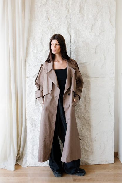 Longline Trench Coat - Coffee Brown