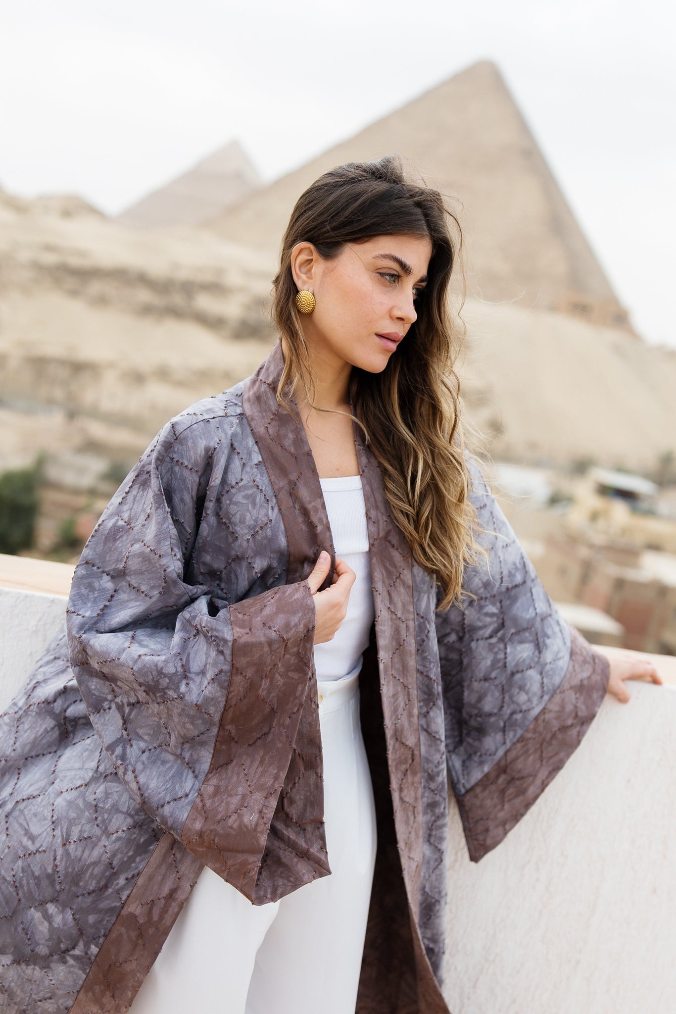 Thuraya Kaftan - Washed GreyXCamel