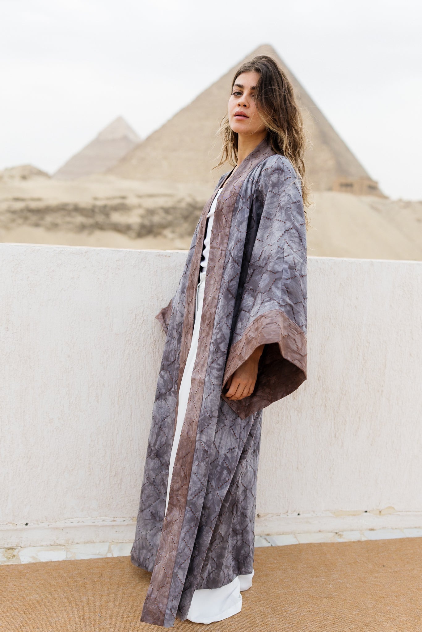 Thuraya Kaftan - Washed GreyXCamel