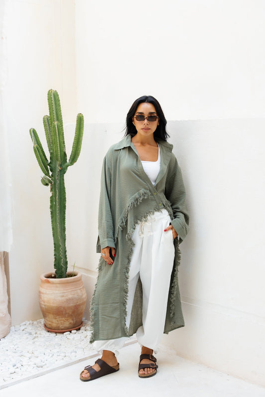 Fringed Sided Shirt in Dark Olive
