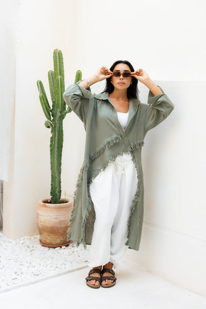 Fringed Sided Shirt in Dark Olive