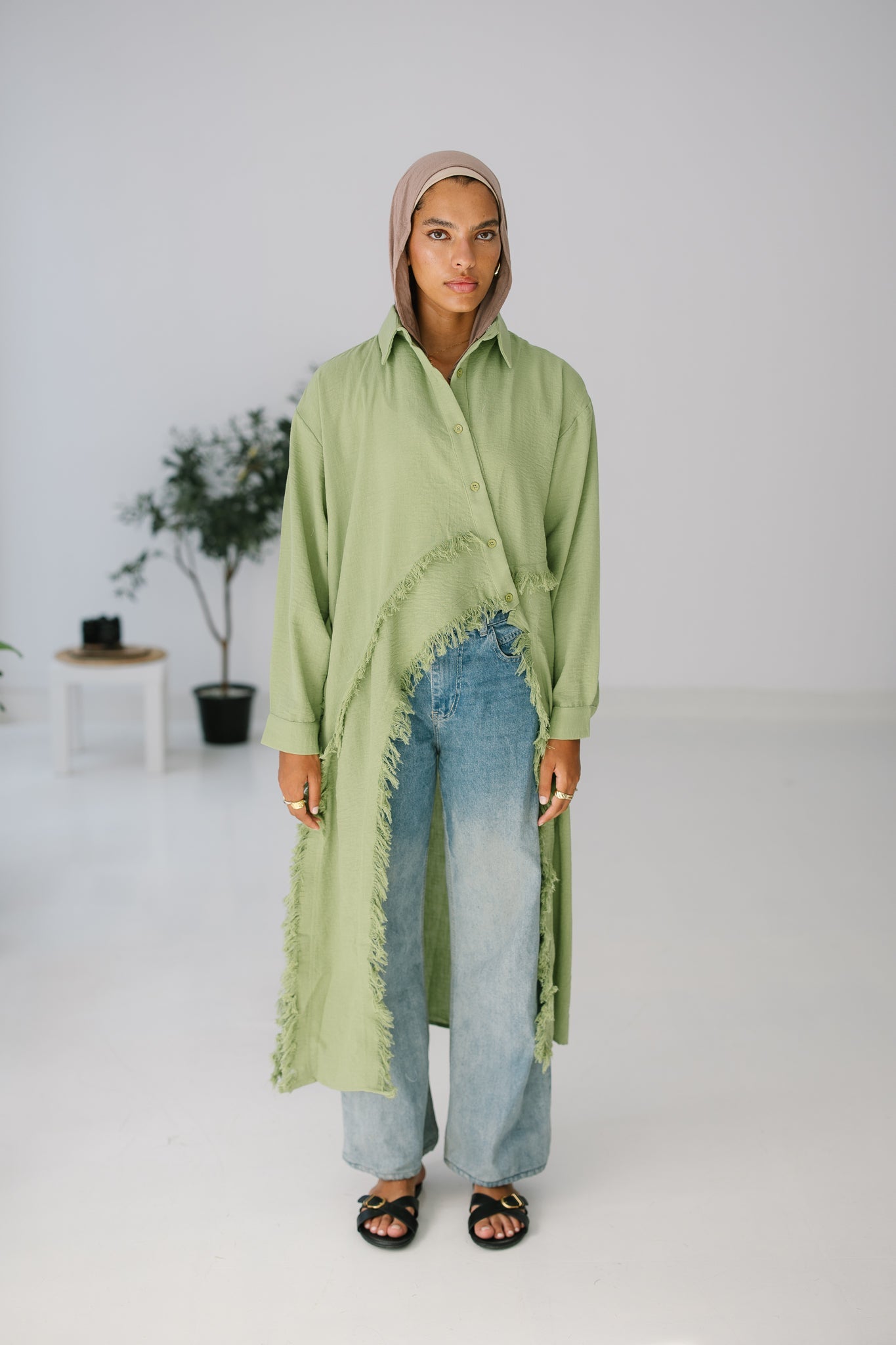 Fringed Sided Shirt in Olive