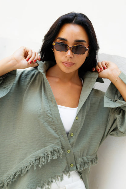 Fringed Sided Shirt in Dark Olive