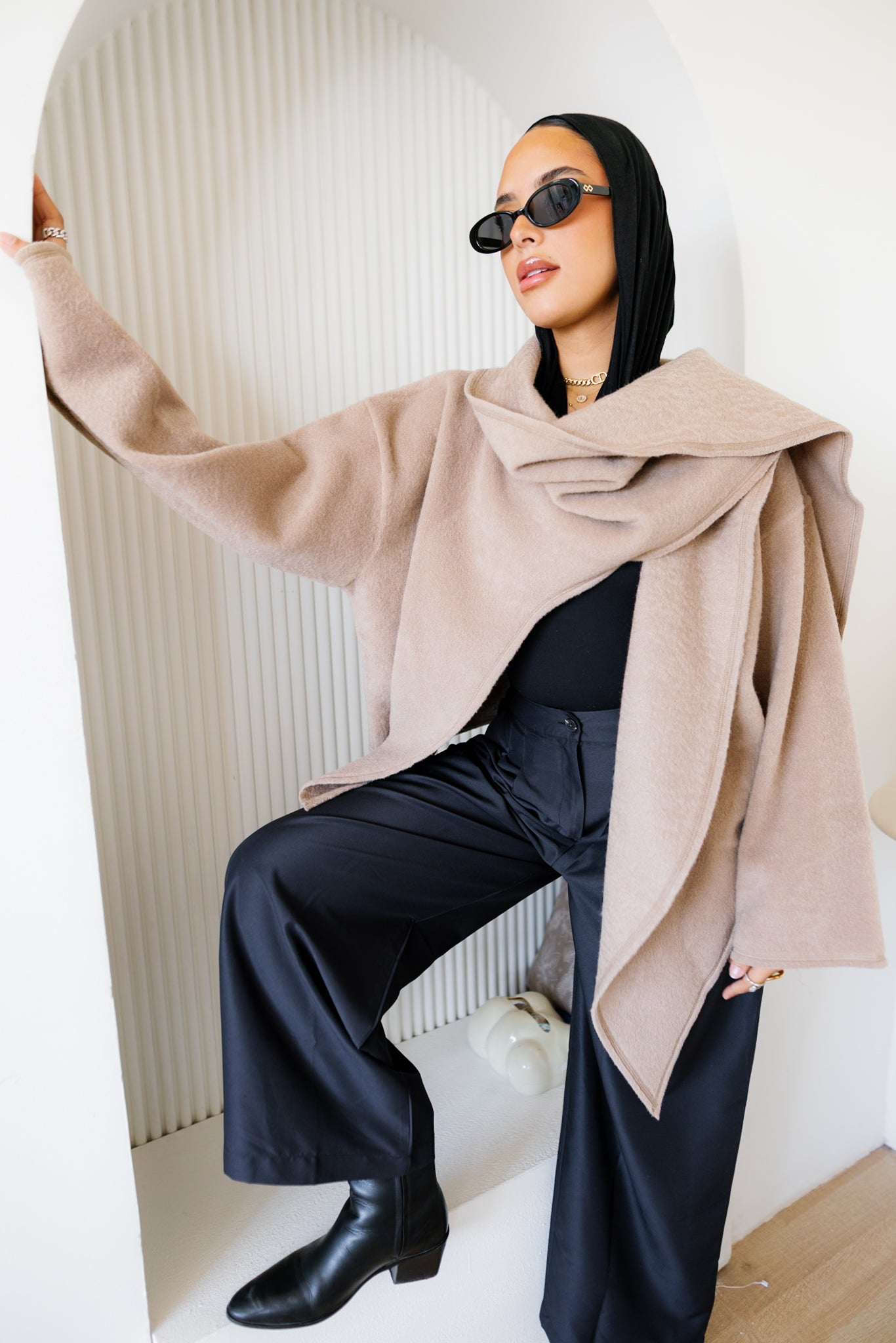 Scarfed Wool Jacket - Beige